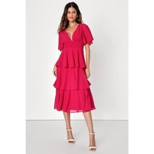 Lulu’s Ways of the Heart Magenta Pink Flutter Sleeve Tiered Midi Dress Size M